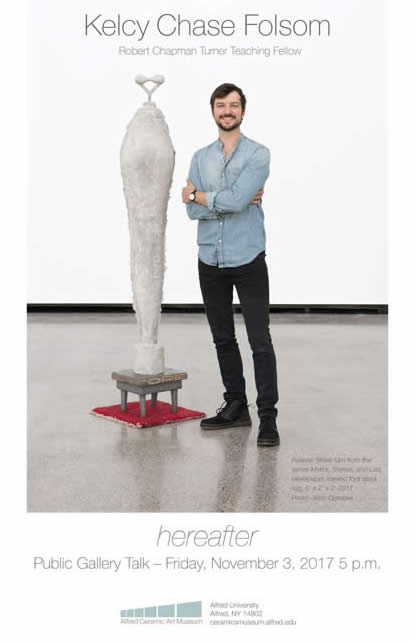 Folsom Gallery Talk poster with Kelcy Chase Folsom standing next to a sculpture