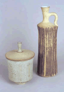 James Secrest, bottle, stoneware, glazed, H:10-3/8", lidded jar, stoneware, glazed, H:6", David and Ann Shaner Collection, Gift of David and Ann Shaner, 2002.53 and 54.