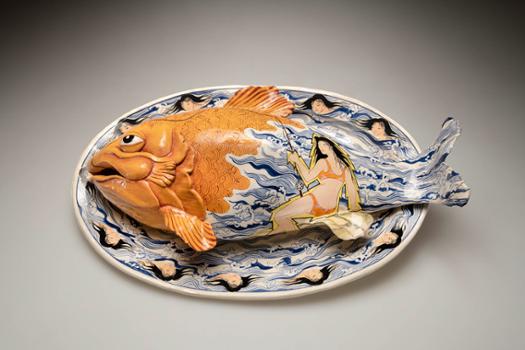 Patti Warashina, After the Catch, 1974, earthenware, underglaze, glazed, 5 x 21-5/8 x 13-7/8 inches. Roger D. Corsaw Collection, Museum Purchase, ACAM 2022.12