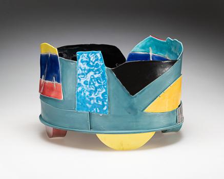 Judith Salomon, Construction Bowl, circa 1988, white terra cotta, glazed, 11-1/2 x 18 x 17 inches. Gift of the artist, ACAM 2021.26