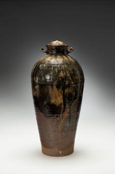 Fred Bauer, lidded jar, circa 1966, stoneware, glazed, 23-1/2 x 11-1/8 inches. Roger D. Corsaw Collection, Museum Purchase, ACAM 2022.7