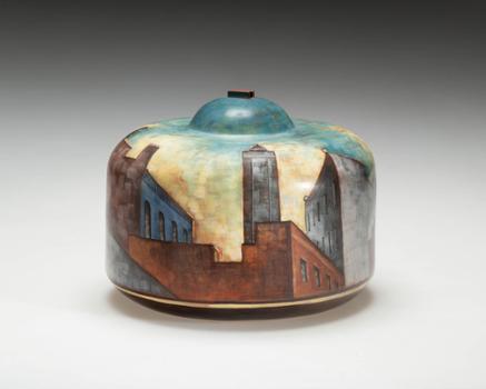 Lidya Buzio, vessel, 1983, earthenware, pigmented slips, wax, 10 x 13-1/8 inches. Roger D. Corsaw Collection, Museum Purchase, ACAM 2022.19