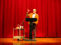 Peter Schjeldahl lecturing three